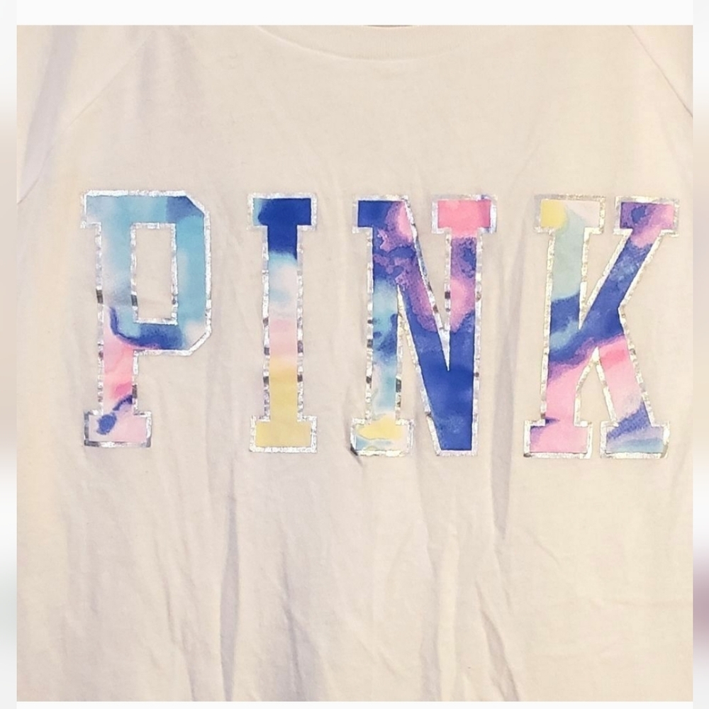 Victoria’s Secret PINK Large White Blue Watercolor Silver Holographic T-shirt - Picture 4 of 8